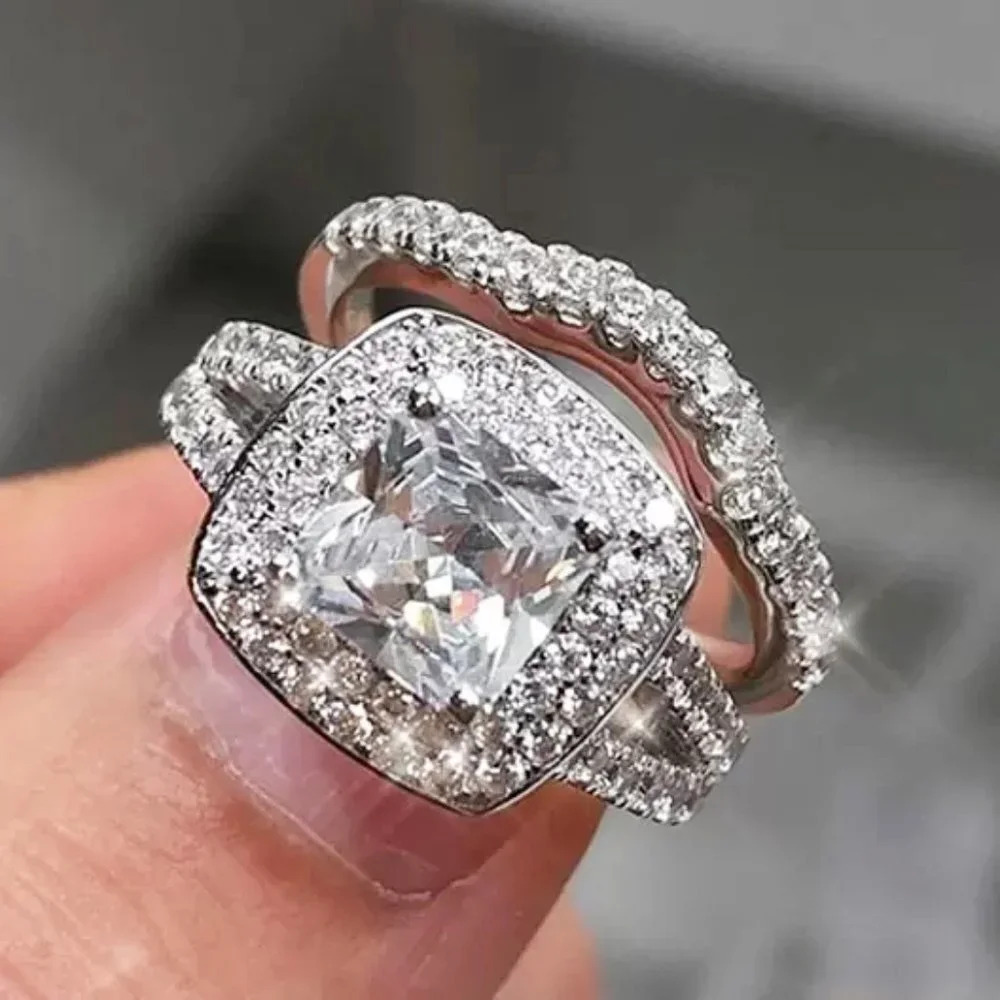 Square Zircon Micro Pave 925 Sterling Silver Plated Wedding Ring Set, UNVN12176